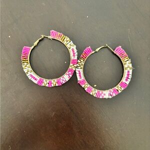 Pink, White & Gold Beaded Hoop Earrings